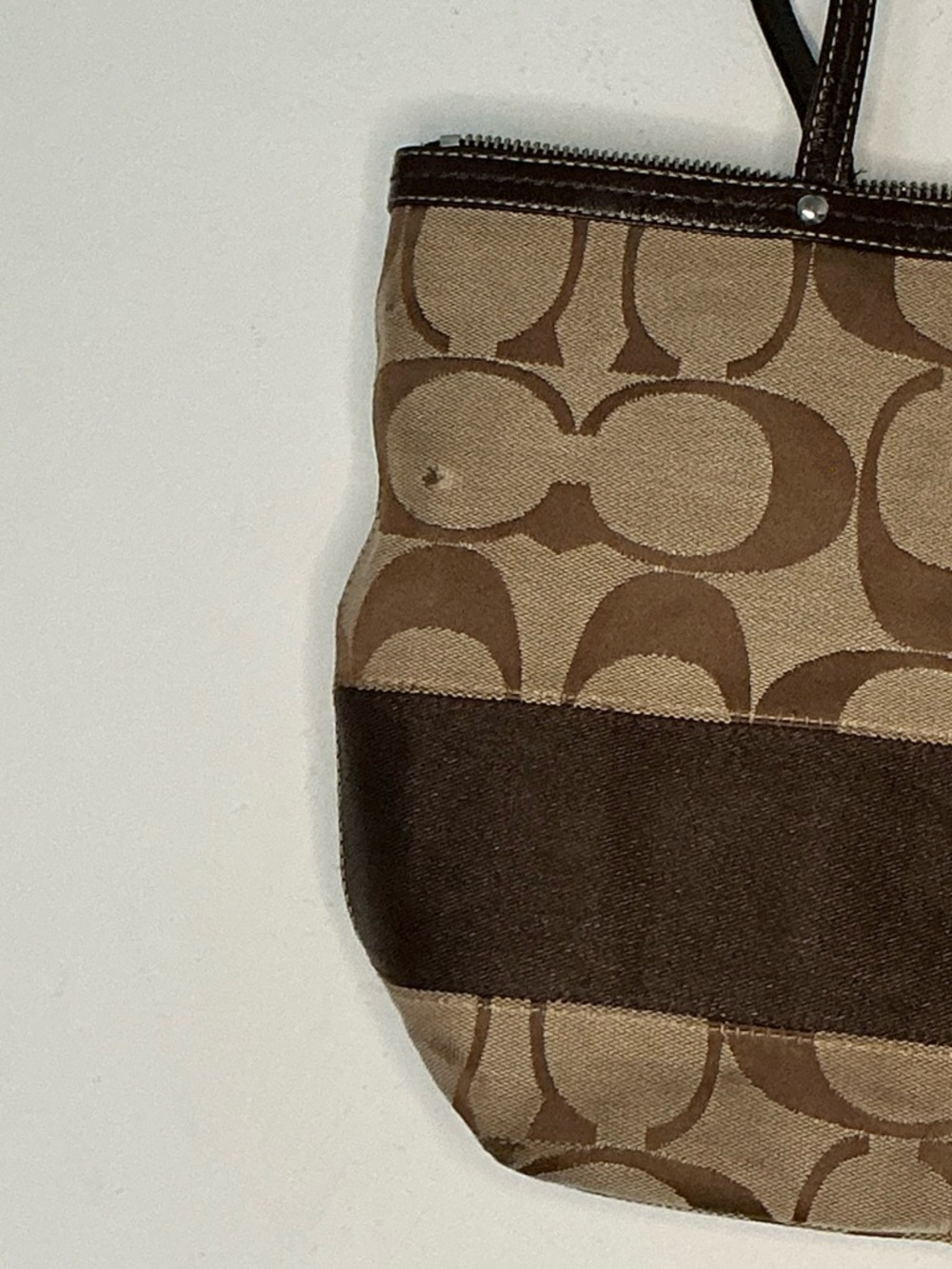 Coach Signature C Stripe Canvas Tote Shoulder Bag Brown Leather Trim Zip Top - Picture 2 of 12